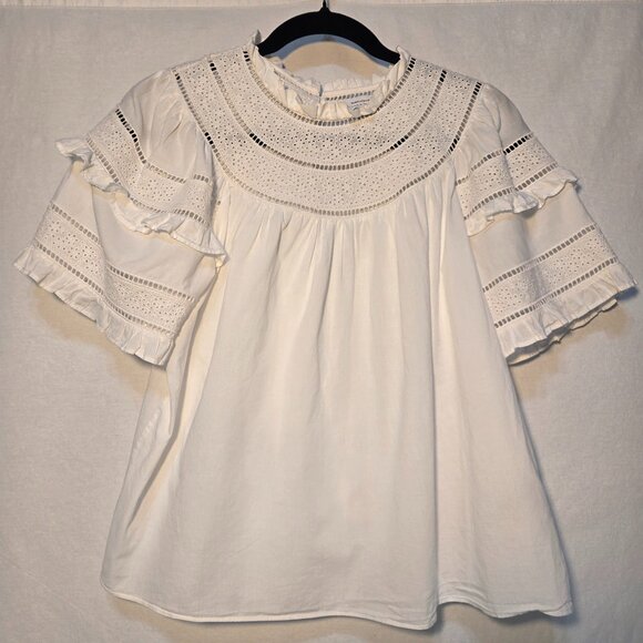& Other Stories Tops - & OTHER STORIES Cottagecore Embroidered A-Line Ruffle WHITE Top Size 4 LIKE NEW!